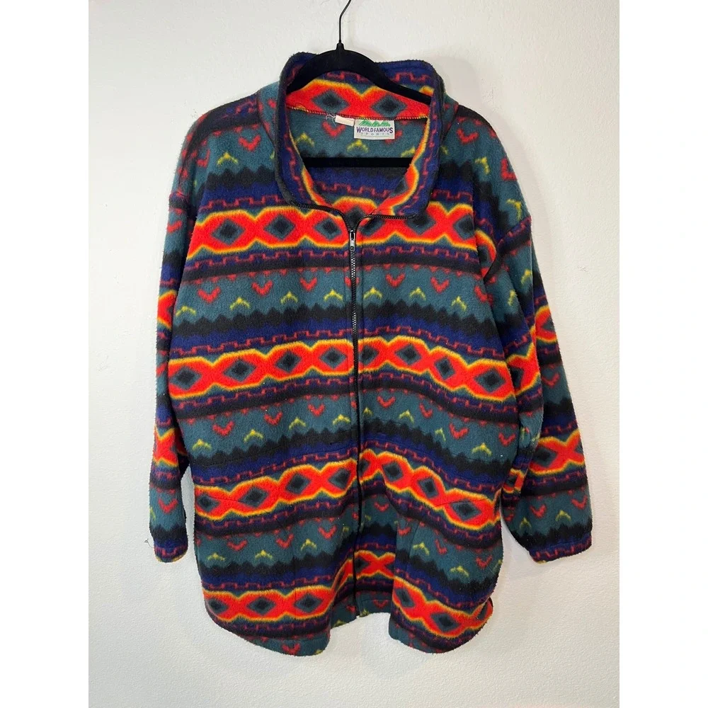 World Famous Sports Fleece Jacket Southwest Geometric Print Made in USA XL